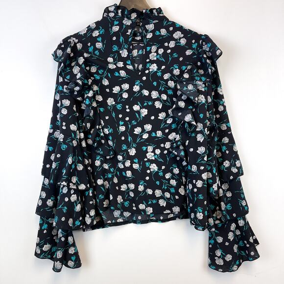 NWT Missguided Size 12 Floral Frill Detail Blouse Black Blue Mock Neck - Picture 7 of 10